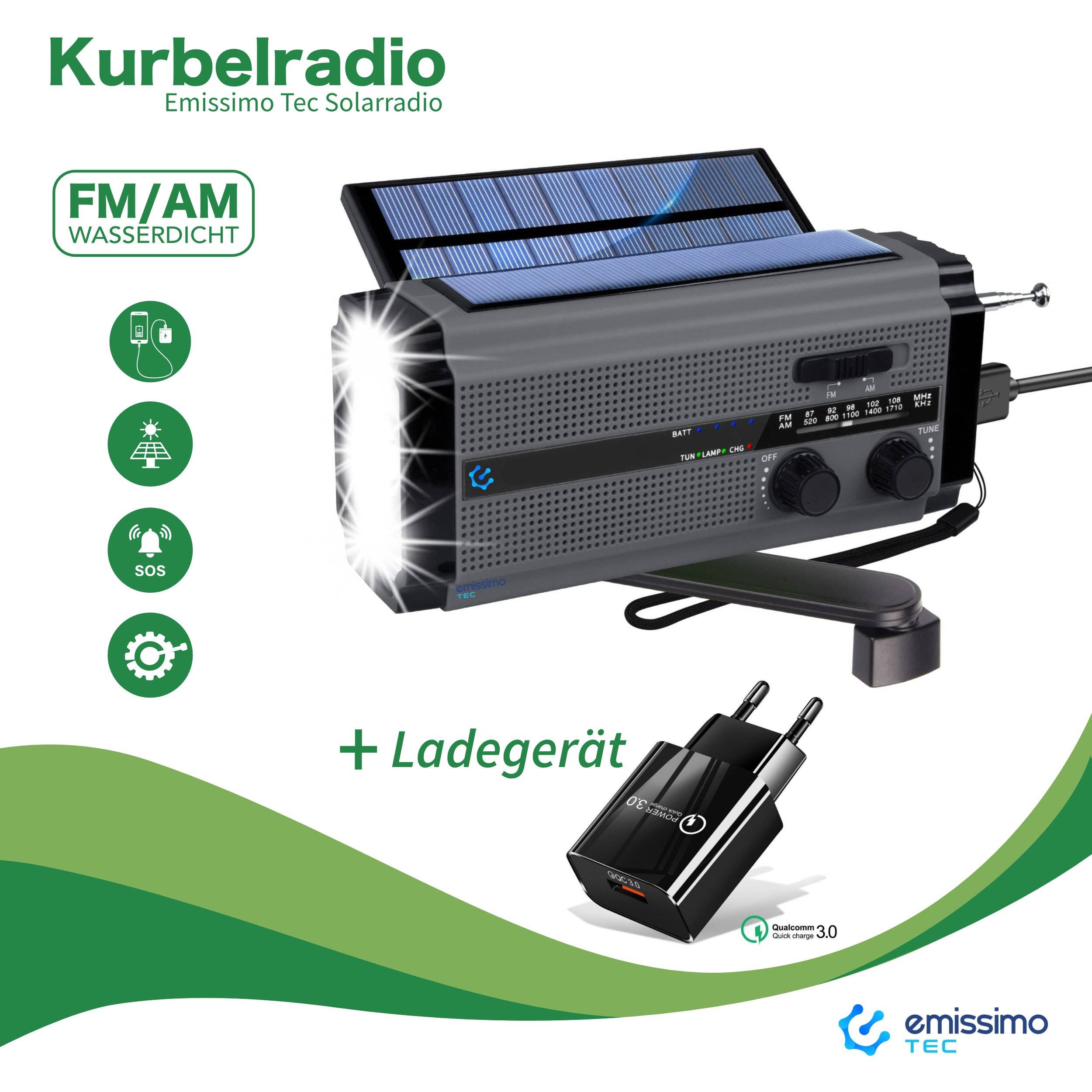 Emissimo Tec Solarradio -ONE- Notfallradio Akku Kurbelradio mit USB-Ladeanschluss und Powerbank
