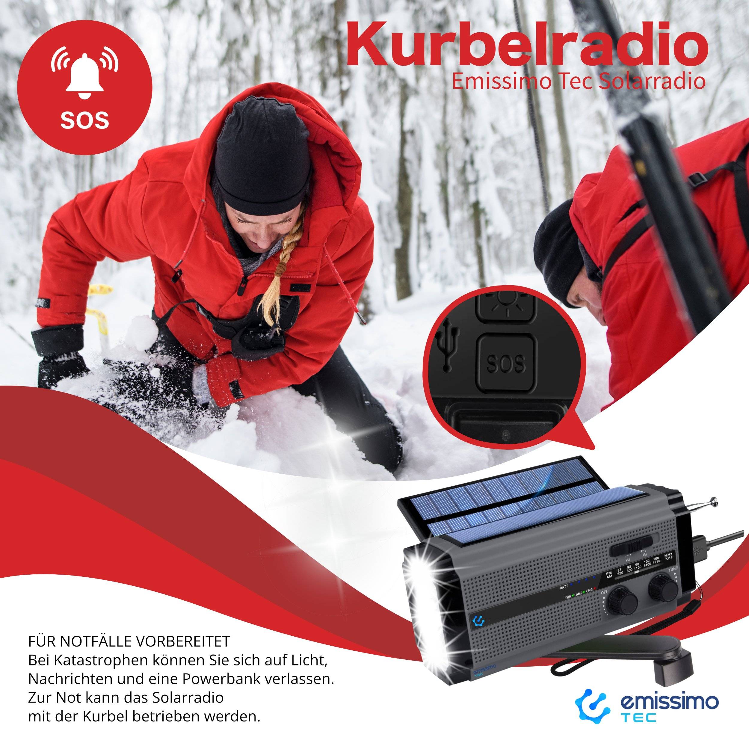 Emissimo Tec Solarradio -ONE- Notfallradio Akku Kurbelradio mit USB-Ladeanschluss und Powerbank