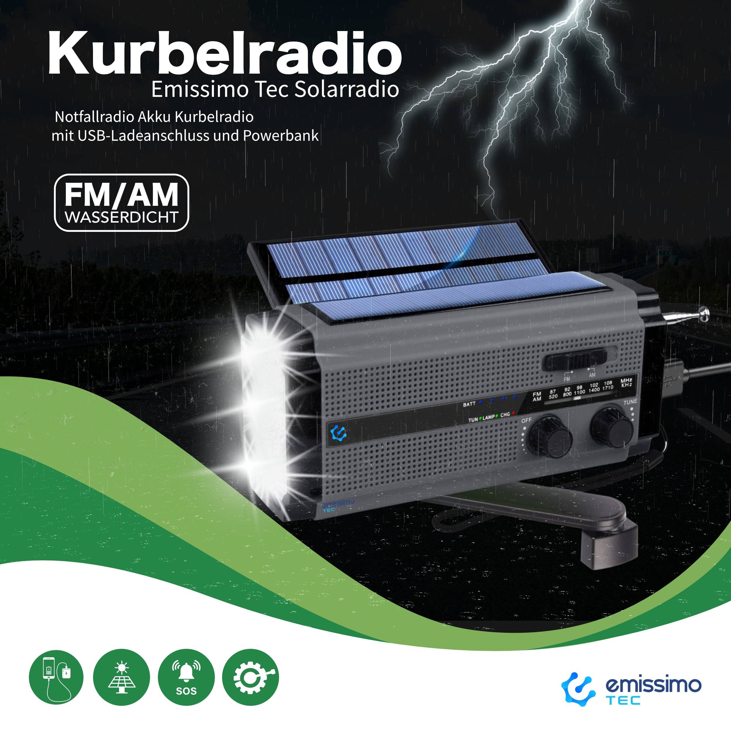 Emissimo Tec Solarradio -ONE- Notfallradio Akku Kurbelradio mit USB-Ladeanschluss und Powerbank