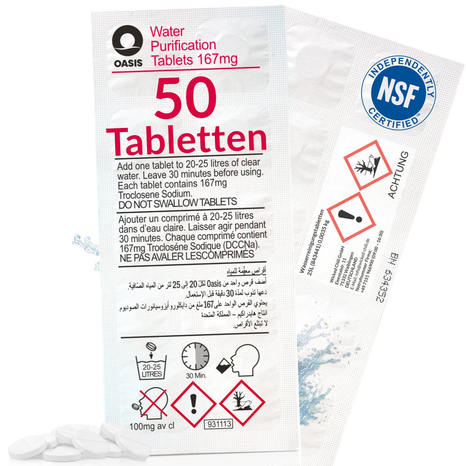 50x Wasserreinigunstabletten für 1250 Liter Trinkwaser Notfall / Vorsorge / Outdoor / Reiseapotheke