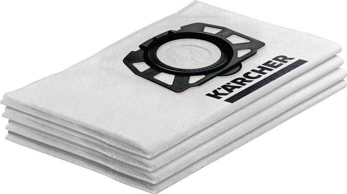 Ein Stapel weißer Staubsaugerbeutel mit einer schwarzen Kunststoffbefestigung oben, versehen mit der Marke 'Kärcher'.