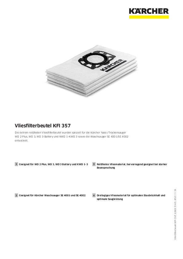 Vliesfilterbeutel KFI 357 f.WD2/WD3 4 St.KÄRCHER