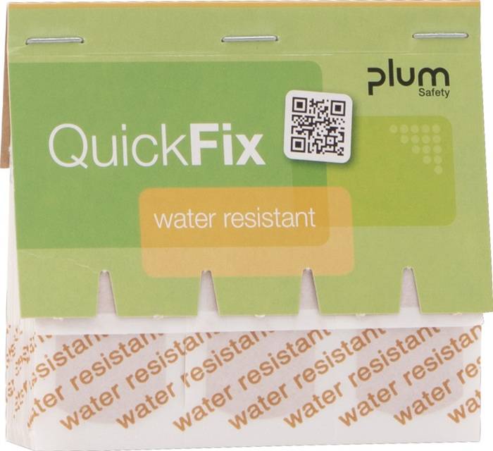 QuickFix' grüne Box mit 'wasserdichter' Beschriftung, QR-Code und 'plum Safety' Markenlogo, Verpackungsdesign sichtbar.