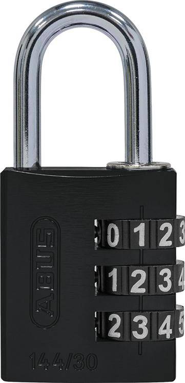 Großaufnahme eines schwarzen Zahlenkombinationssperrbügels mit verchromtem Bügel, mit drei Zahlenwählern eingestellt auf 0-1-2-3.