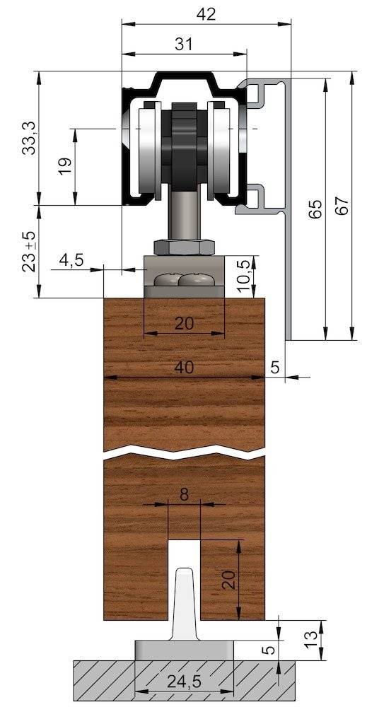 Querschnittdiagramm eines Schiebetürmechanismus mit Abmessungen: Gesamthöhe 65 mm, Holzdicke 40 mm, Rollerhöhe 23 mm, oberer Spalt 10,5 mm.
