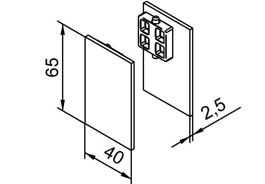 Technisches Diagramm von zwei überlappenden Rechtecken mit beschrifteten Abmessungen: Breite 40, Höhe 65, Tiefe 2,5.