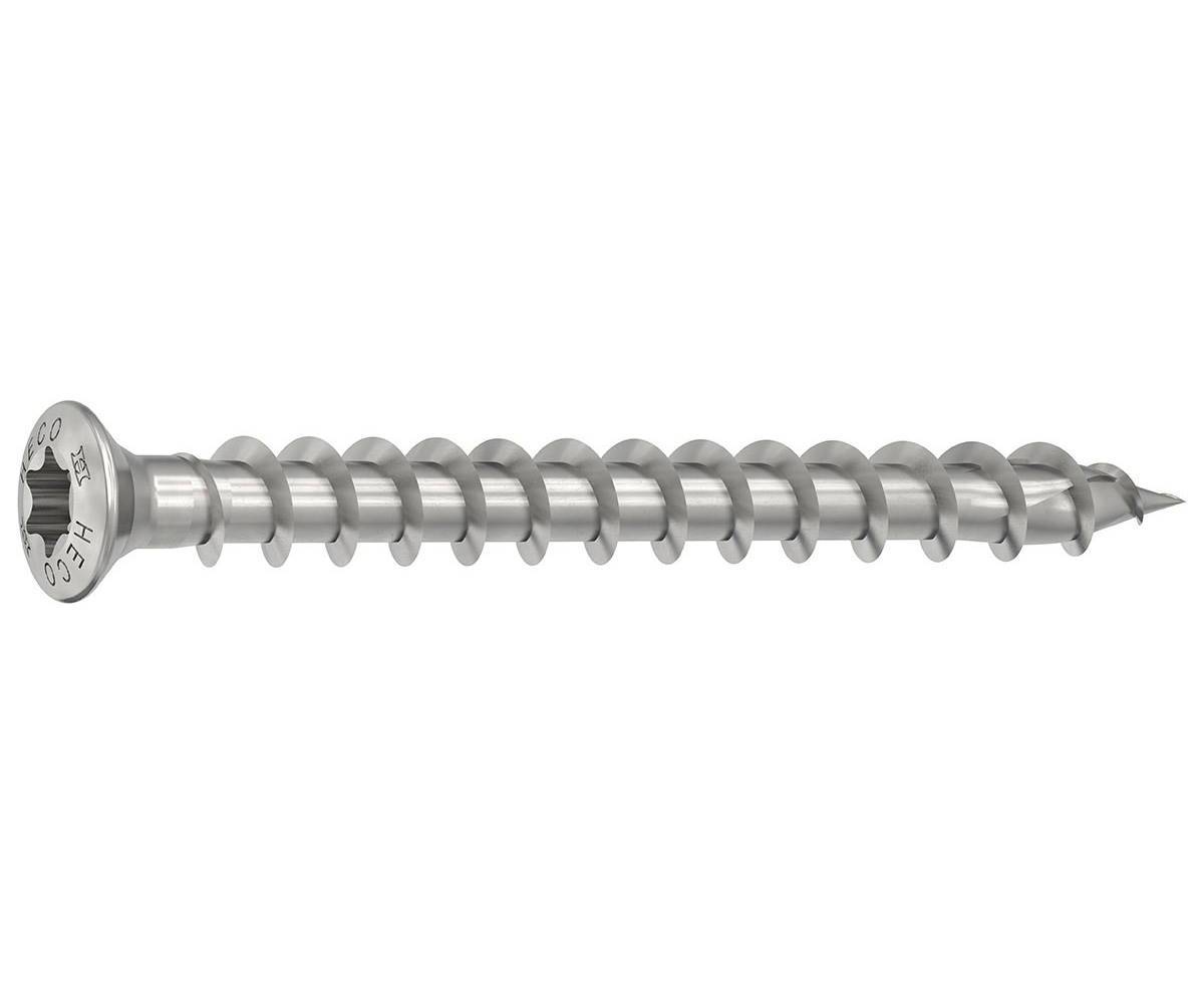 Einzelne silberne Schraube mit Sechskant-/Torx-ähnlichem Kopf auf weißem Hintergrund.