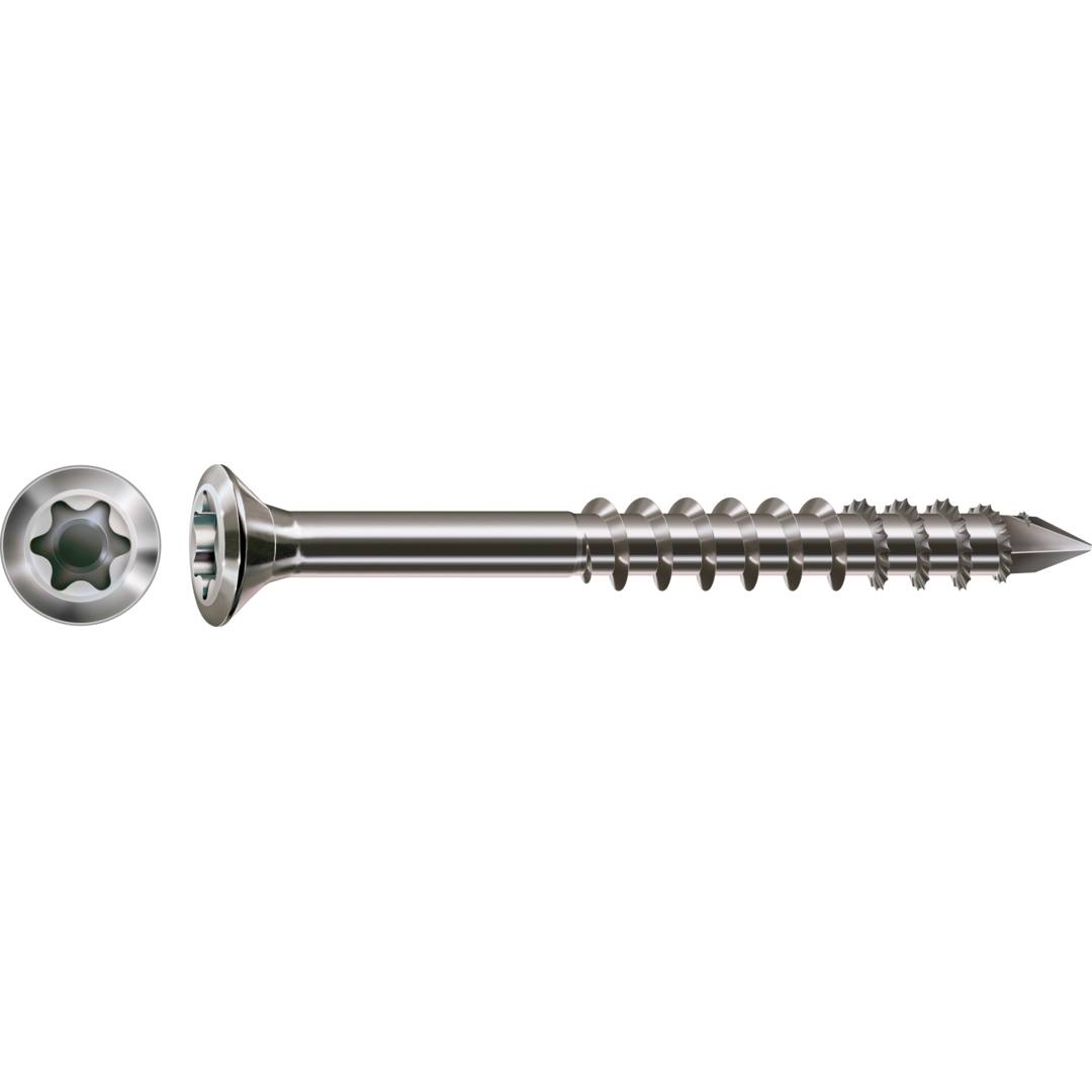 Silberne Torx-Schraube mit Sternantrieb, horizontal auf schwarzem Hintergrund dargestellt, mit separater Nahaufnahme des sternförmigen Antriebskopfes auf der linken Seite.