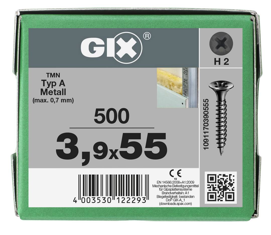Schachtel GIX TMN Typ A Metallschrauben, Größe 3,9 x 55 mm, Packung mit 500 Stück, mit H2-Antrieb-Symbol und Barcode-Etikett.