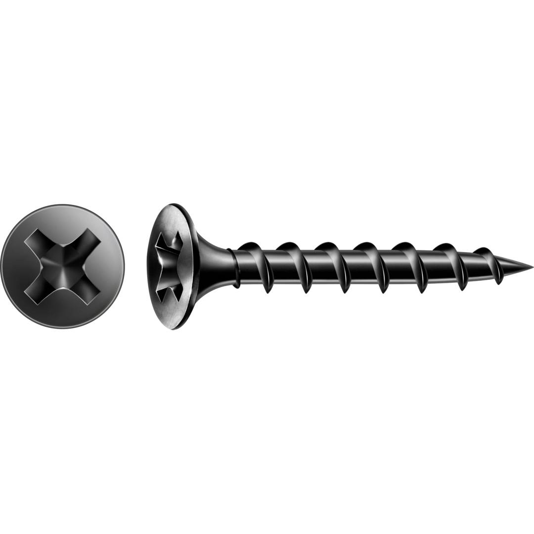 Schwarze Kreuzschlitz-Schraube, horizontal dargestellt, mit Nahaufnahme des kreuzförmigen Antriebs auf der linken Seite.