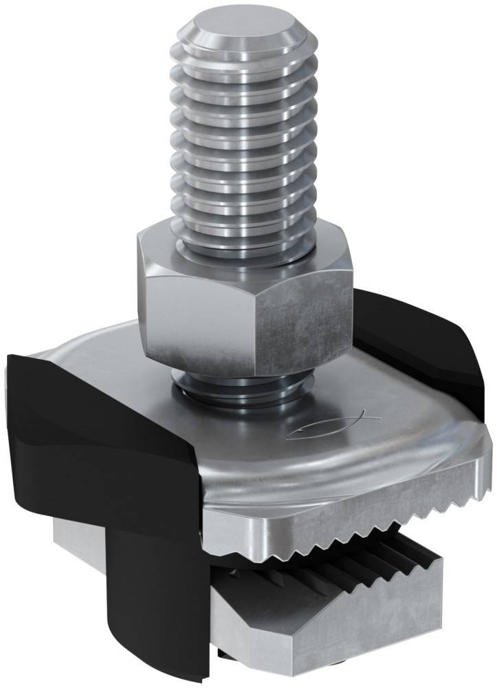 Eine Nahaufnahme eines glänzenden Metallbolzens, der zwischen zwei schwarzen Spannbacken in einer mechanischen Umgebung zum Anziehen oder Lösen geklemmt wird.