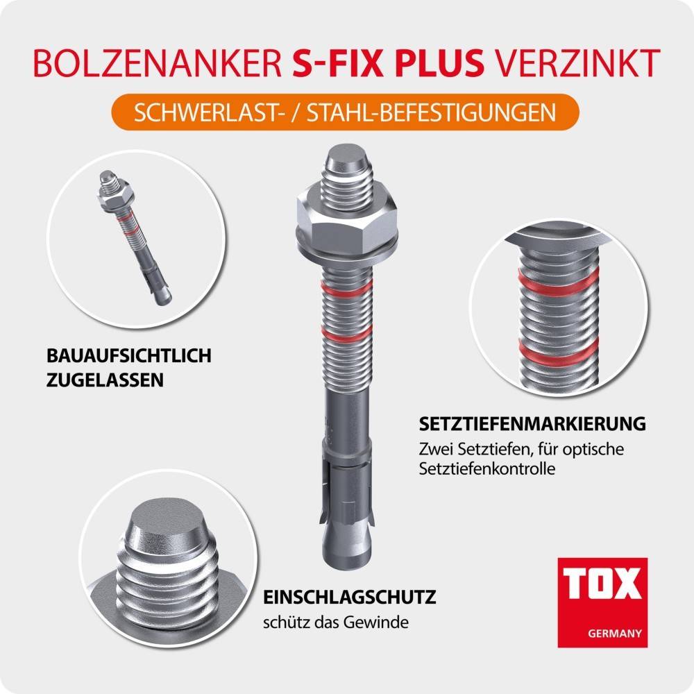 Produktgrafik eines verzinkten Schwerlast-Ankerbolzens mit der Bezeichnung „BOLZENANKER S-FIX PLUS VERZINKT