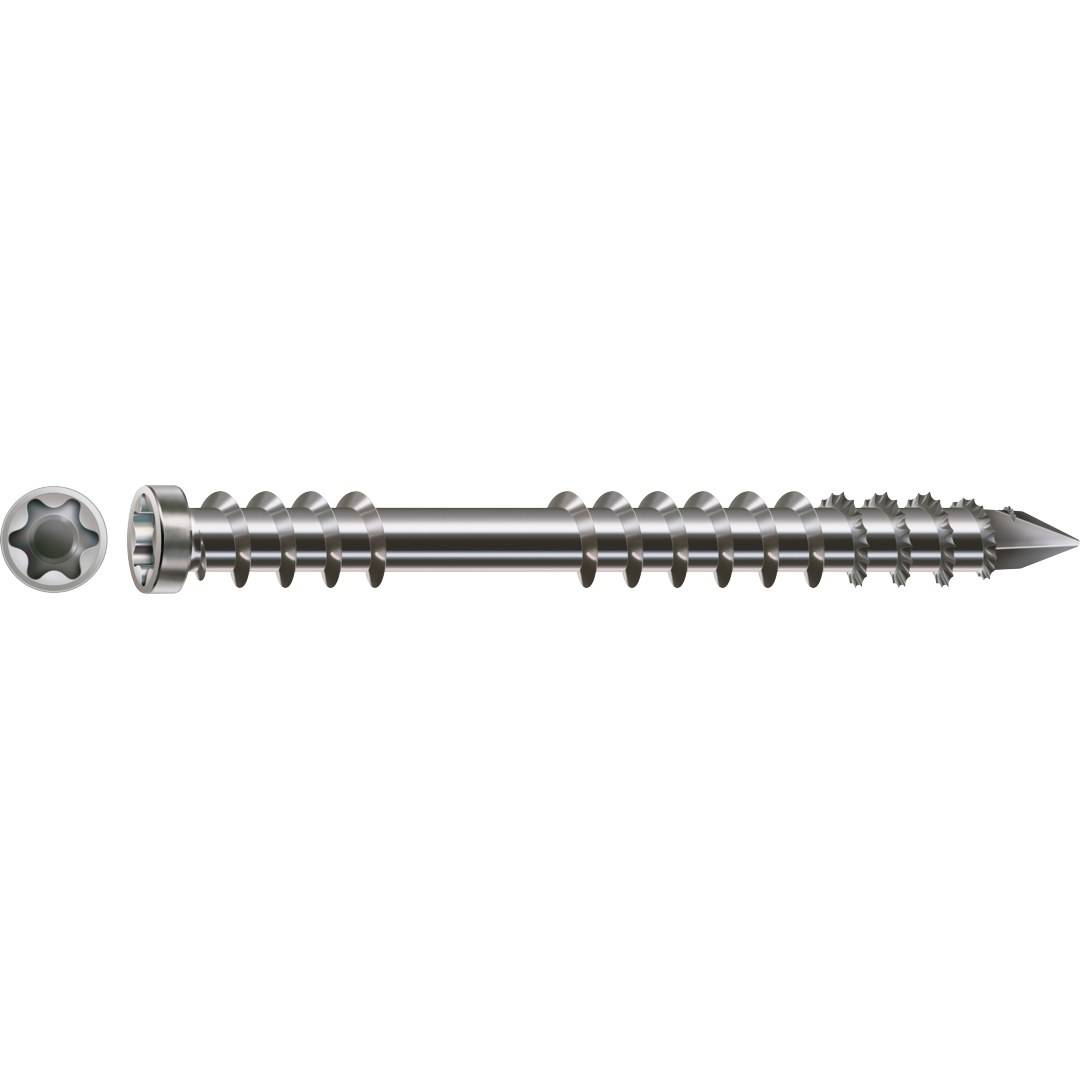 Metallschraube mit Torx-Kopf, groben Gewinden und spitzer Spitze auf weißem Hintergrund abgebildet, mit einer separaten Nahaufnahme des Sternantriebskopfes.