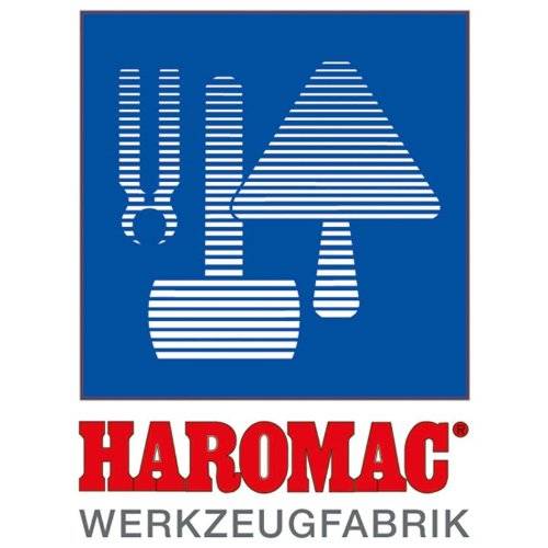 Logo mit Silhouetten einer Zange, eines Hammers und einer Kelle auf blauem Hintergrund, mit dem Text 'HAROMAC WERKZEUGFABRIK' darunter.