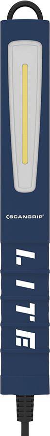 Blaue ScanGrip LED-Arbeitsleuchte mit schwarzem Griff und langer leuchtender Front, gekennzeichnet mit dem ScanGrip-Logo und einer Aufhängeschlaufe.