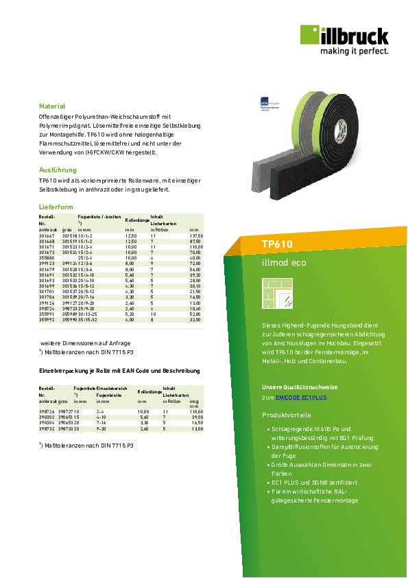 Fugendichtband illmod COMPRI TP610 20/9-20 L.2,6m grau Rl.ILLBRUCK