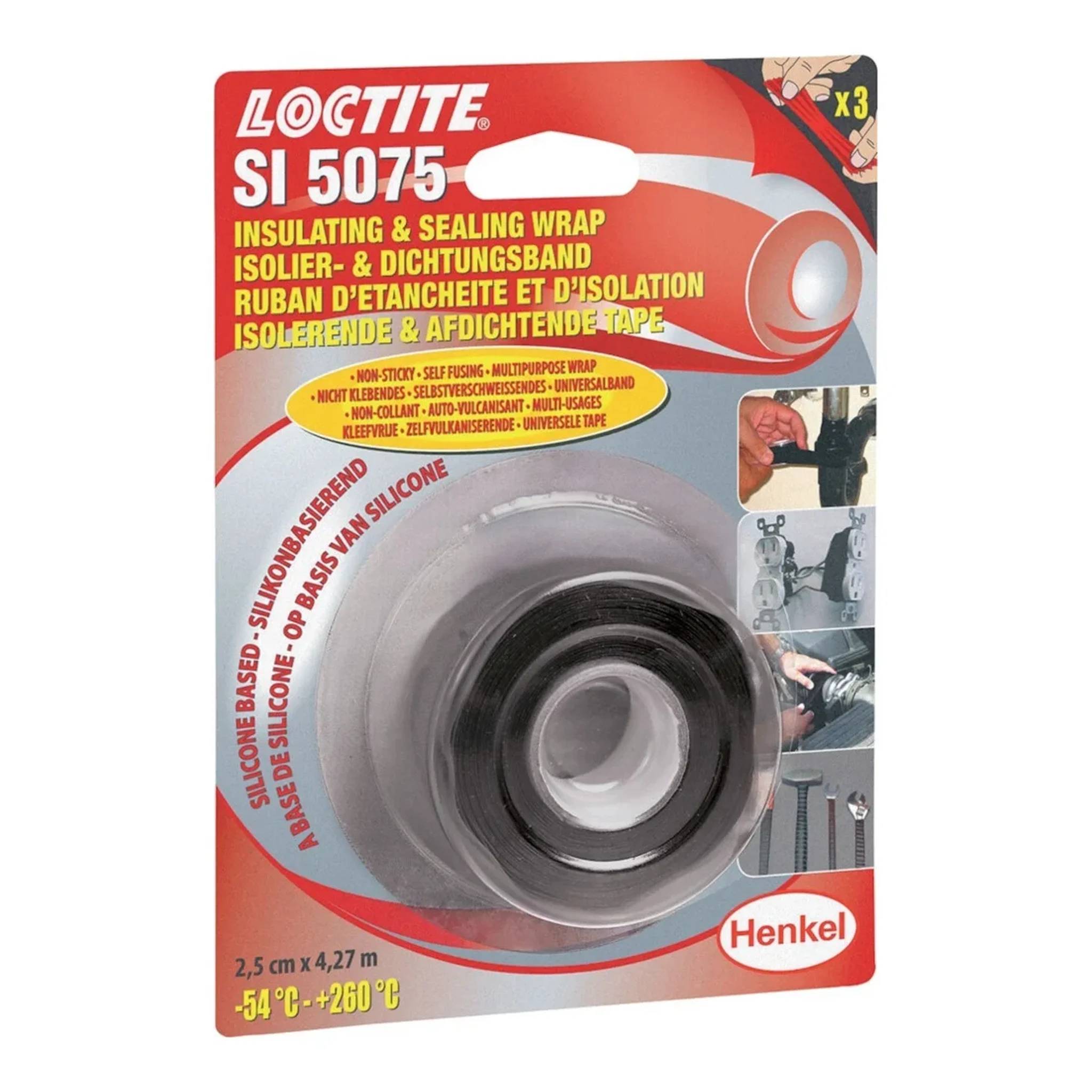 Packung von Loctite SI 5075 isolierendes und dichtendes Wickelband mit einer schwarzen Silikonband-Rolle und Produktdetails auf roter Verpackung.
