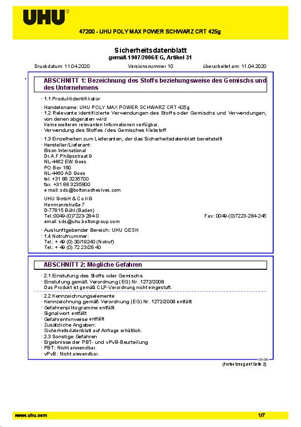 Kleb- u.Dichtstoff POLY MAX POWER schwarz 425g Kartusche UHU