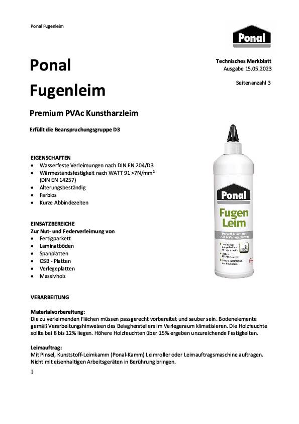 Parkett u.Laminat Fugenleim 1kg EN 204: D4 Flasche PONAL