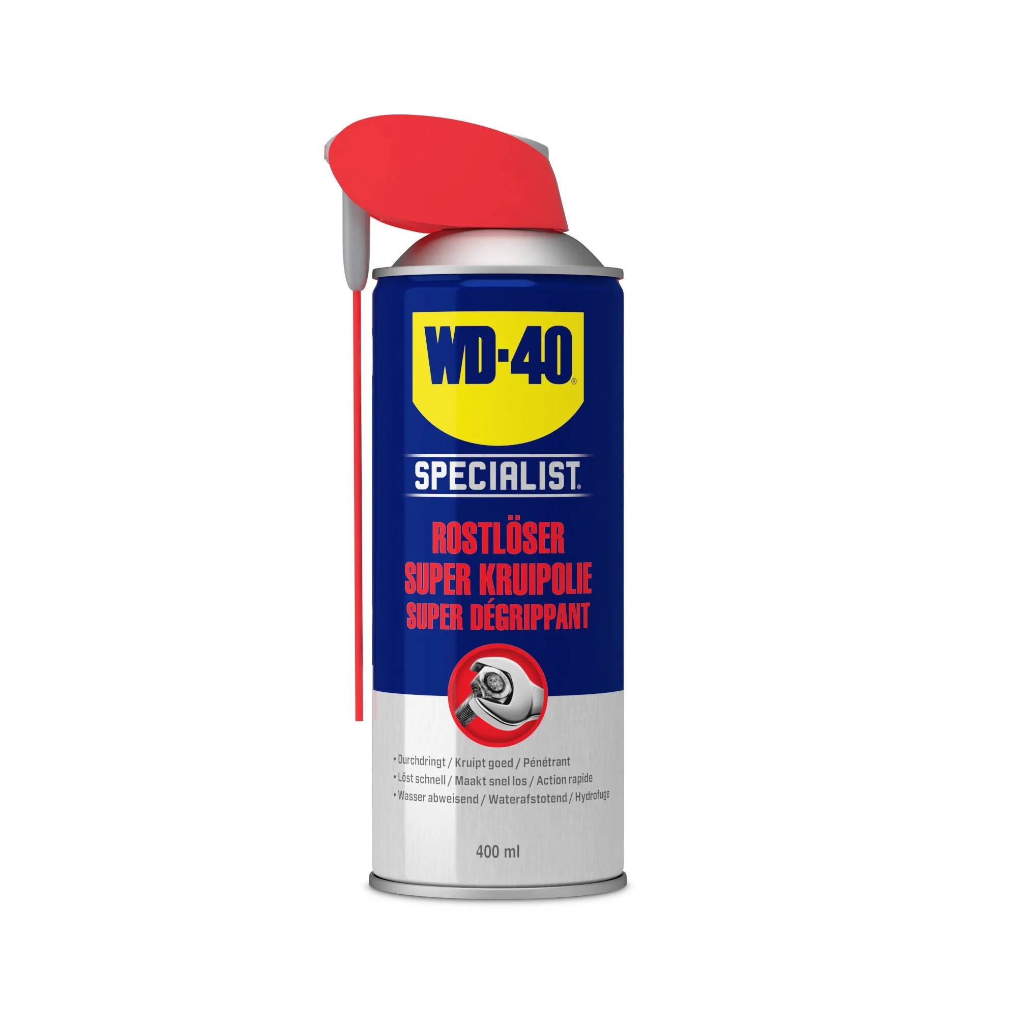 Eine Dose WD-40 Specialist Rostentferner-Spray mit einer roten Klappkappe, gezeigt auf weißem Hintergrund.