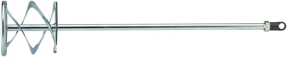 Ein Metallhandmixer-Rühraufsatz mit spiralförmigen Drähten und einer langen Welle, dargestellt auf weißem Hintergrund.
