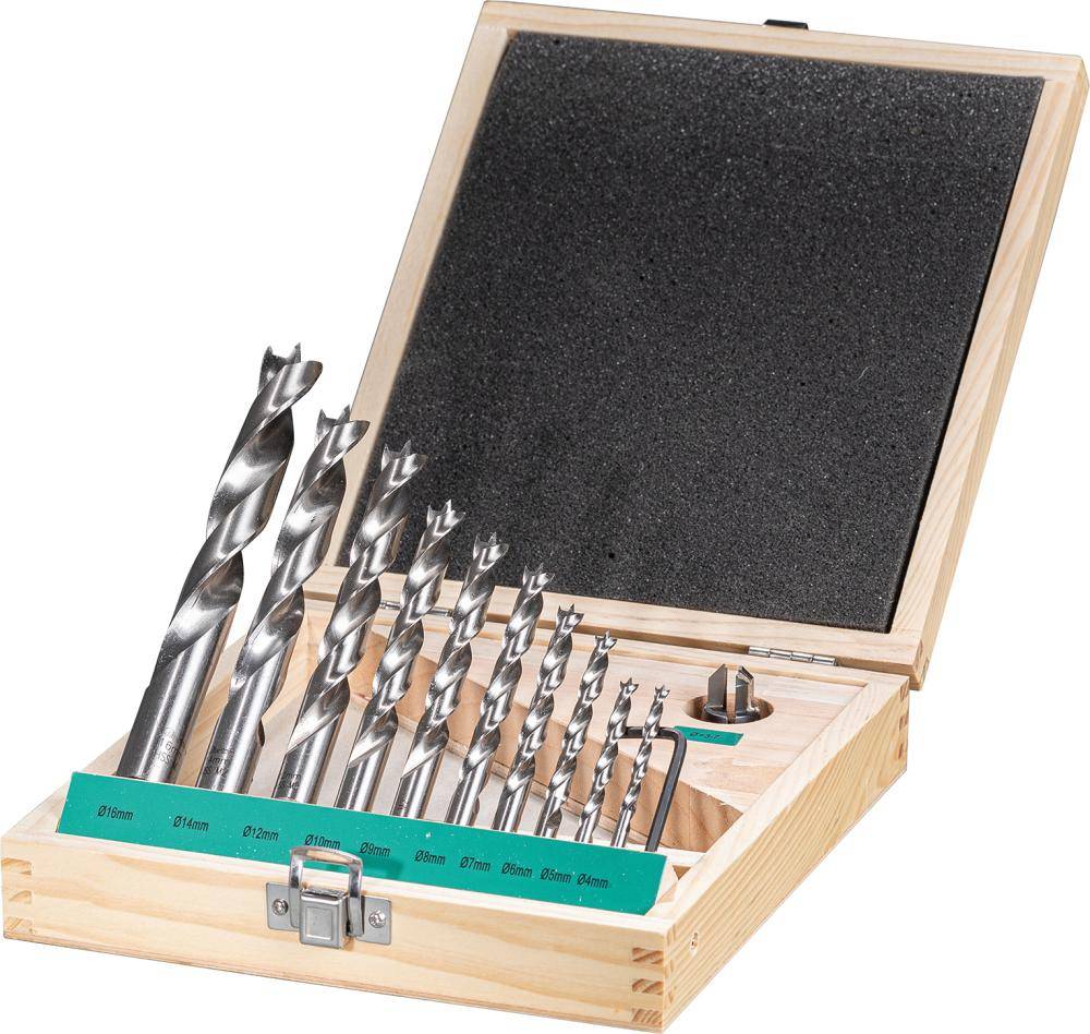 Holzspiralbohrer Satz HSS11-tlg. FORTIS 4,5,6,7,8,9,10,12,14,16mmund 1 HW-Versenker