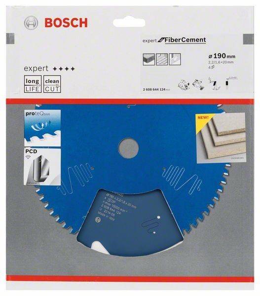 Verpackung der Bosch-Faserzementkreissägeblatt mit einem blauen kreisförmigen Sägeblatt und Etiketten für lange Lebensdauer, sauberen Schnitt und einem Durchmesser von 190 mm.