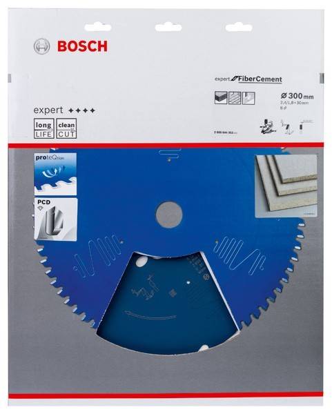 Eine blaue Bosch Kreissägeblatt mit 300 mm, verpackt und speziell für Faserzement entwickelt, mit Merkmalen für 