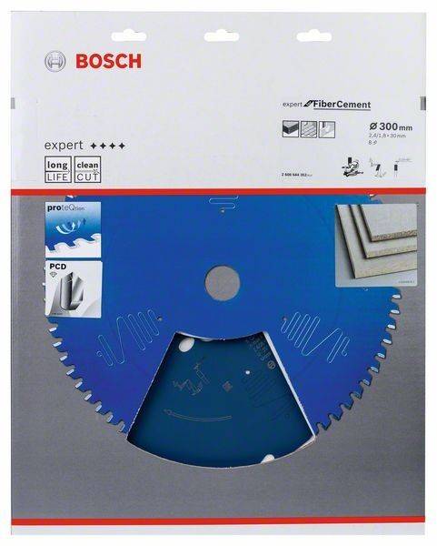 Sägeblattverpackung, die das Bosch Expert Fiber Cement Sägeblatt mit langer Lebensdauer und Merkmalen für saubere Schnitte zeigt, geeignet für Faserzement.