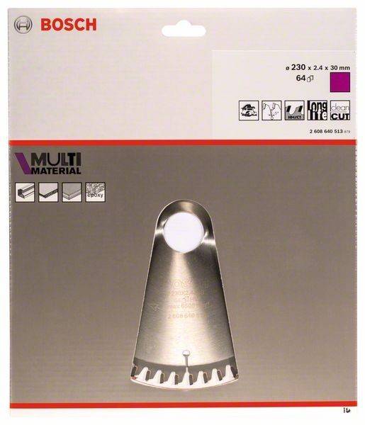Verpackung für ein 'MULTI MATERIAL' oszillierendes Werkzeugblatt, Größe 64 mm, mit Symbolen, die geeignete Materialien wie Holz und Metall darstellen.