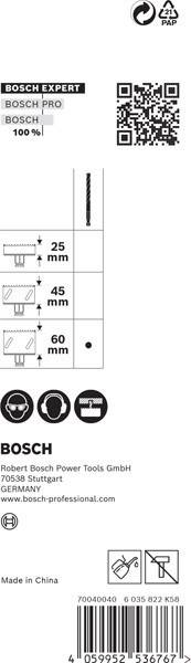 Diagramm mit drei Objektgrößen und Maßangaben von 25 mm, 45 mm und 60 mm. Symbole für Kopfschutz, Gehörschutz und Gesichtsschutz erscheinen darunter.