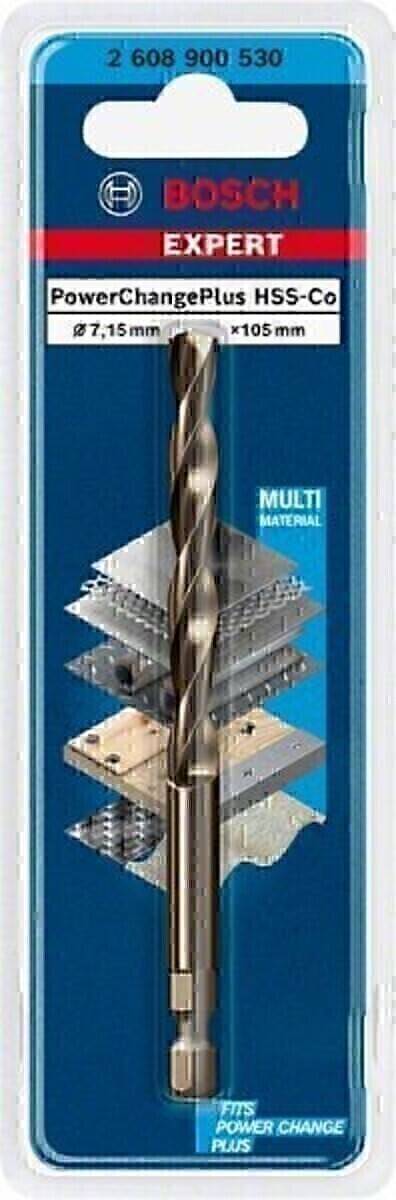 Ein Bohrer wird gezeigt, wie er durch übereinander geschichtete Metallschichten und andere Materialien bohrt, mit der Bezeichnung ‚MULTI MATERIAL', was Vielseitigkeit signalisiert.