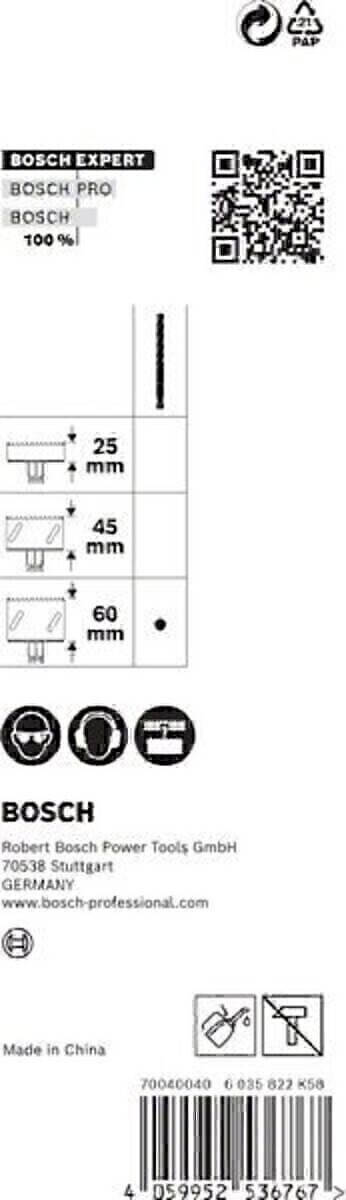 Tabelle mit Schraubengrößen und entsprechenden Längen: 25 mm, 45 mm und 60 mm. Symbole für Schutzausrüstung: Schutzbrille, Gehörschutz, Maske.