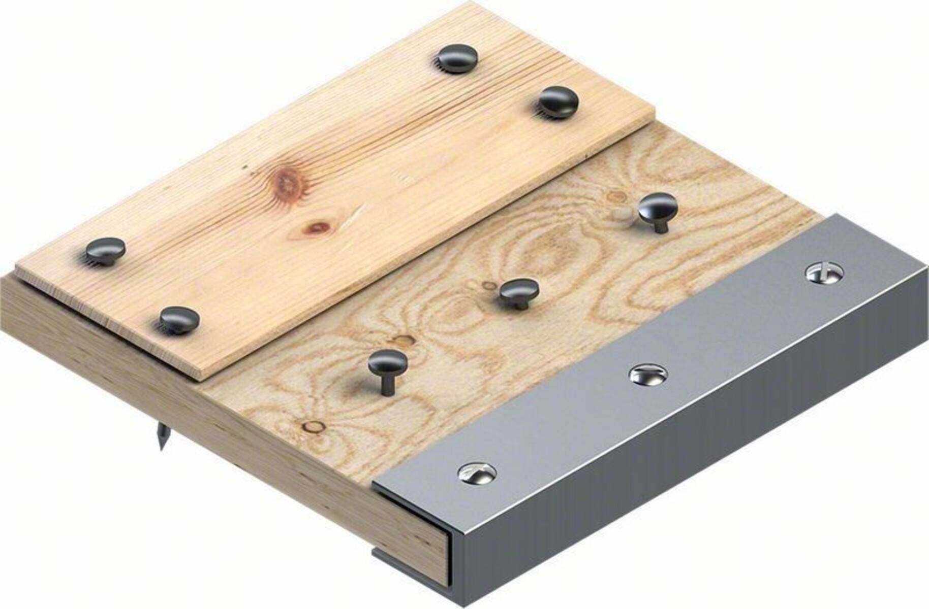 Zwei Holzbretter, die mit Metallhalterungen und Schrauben verbunden sind. Der Aufbau demonstriert eine Methode, Holzbretter sicher zu verbinden.