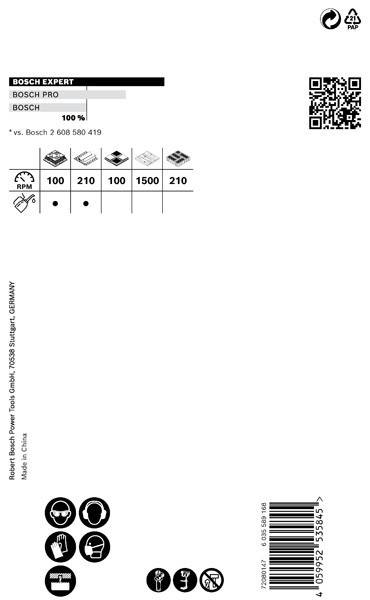 Diagramm mit Drehzahleinstellungen für verschiedene Blattdurchmesser: 100, 210, 100, 150. Enthält Bosch-Logo und QR-Code für weitere Details.