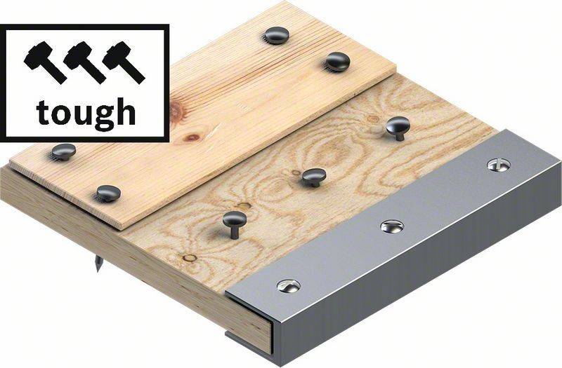 Diagramm einer Holzverbindung mit vier Schrauben, die an einem Holzbalken und einem Metallwinkel befestigt sind. Beschriftung liest sich 