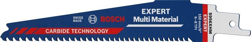 Sägeblatt mit 'BOSCH Multi Material' und rotem Gestaltungselement auf blauem Hintergrund.