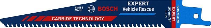 Das Bild zeigt das Bosch-Logo mit dem Wort ‚TECHNOLOGIE' auf einem roten Hintergrund, der einem Sägeblatt-Design ähnelt.