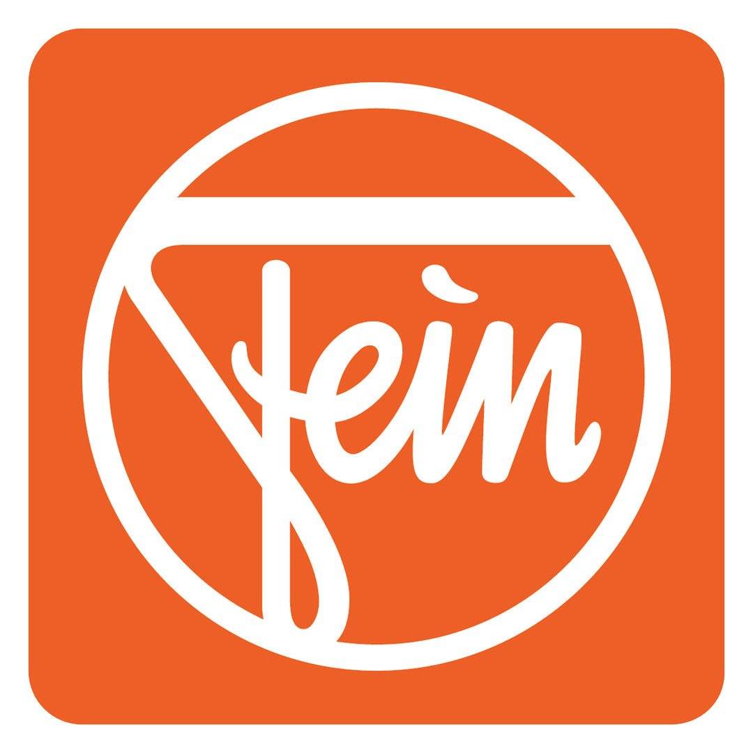 Logo von 'Fein' in weißer Schrift innerhalb eines weißen kreisförmigen Emblems auf orangefarbenem quadratischem Hintergrund.