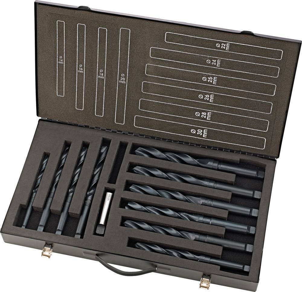 Spiralbohrer Set DIN345 HSS rollgewalzt 14-30mm, 2mm stg. + 25mm Metallkoffer FORTIS
