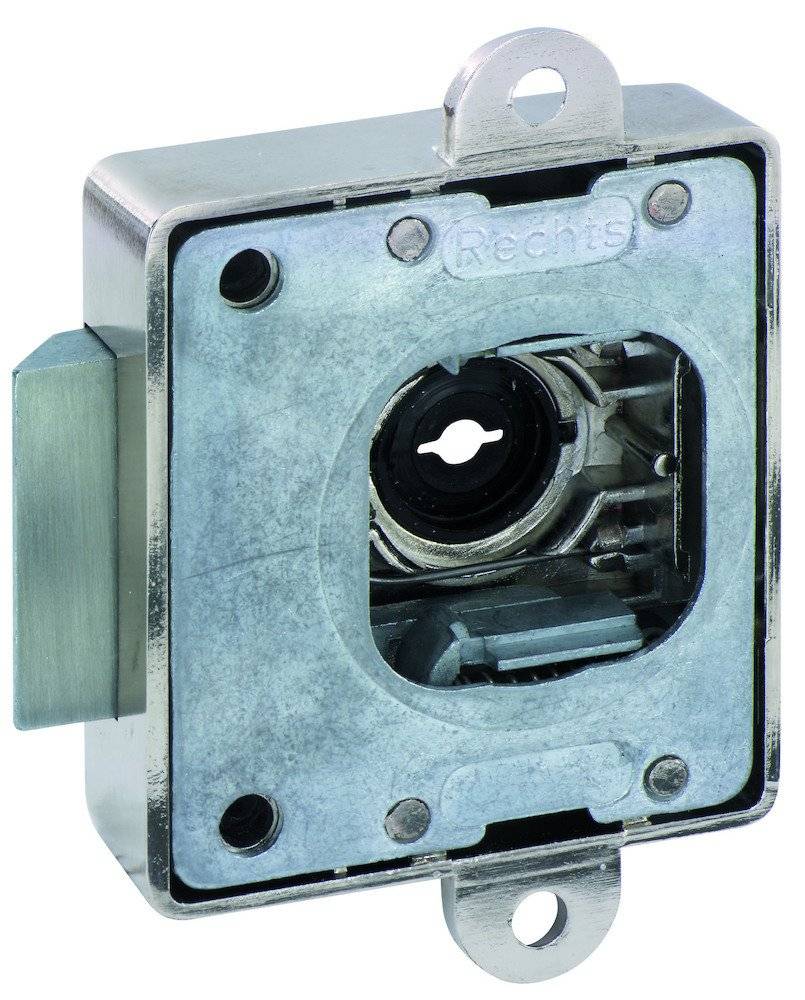 Ein Metallschloss-Mechanismus mit quadratischem Gehäuse, das Zahnräder und Befestigungselemente zeigt, mit der Kennzeichnung „Rechts