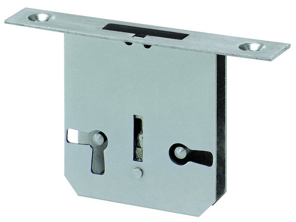 Ein silbernes Stiftschloss mit sichtbarem Schlüsselloch und Riegel-Mechanismus, konstruiert zur Montage in einem Türrahmen.