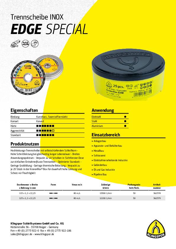 Trennscheibe EDGE D125x1,2mm ger.INOX Bohr.22,23mm KLINGSPOR