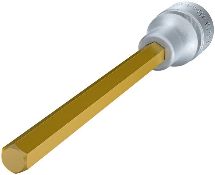 Ein Nahaufnahmebild eines goldenen Sechskantschraubenziehers vor einem weißen Hintergrund, das den Griff und einen Teil des Sechskantschafts zeigt.