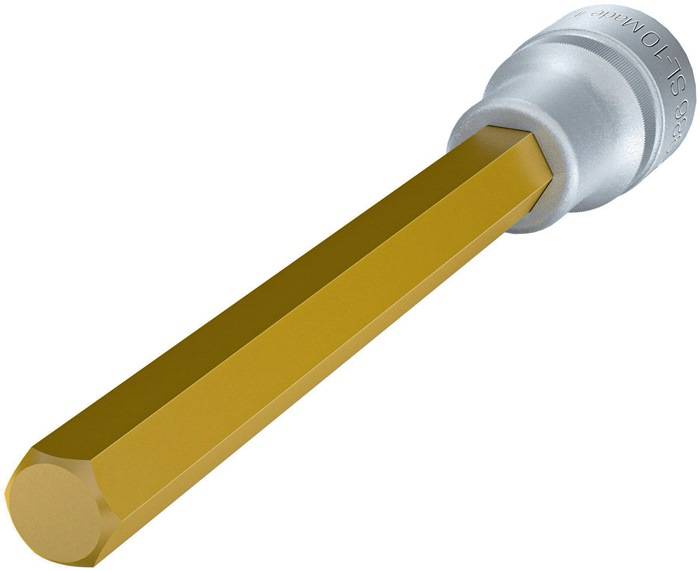 Ein goldfarbener Sechskantschlüssel mit einem metallfarbenen Griff, der zum Festziehen oder Lösen von Befestigungselementen verwendet wird, vor einem einfarbigen Hintergrund.