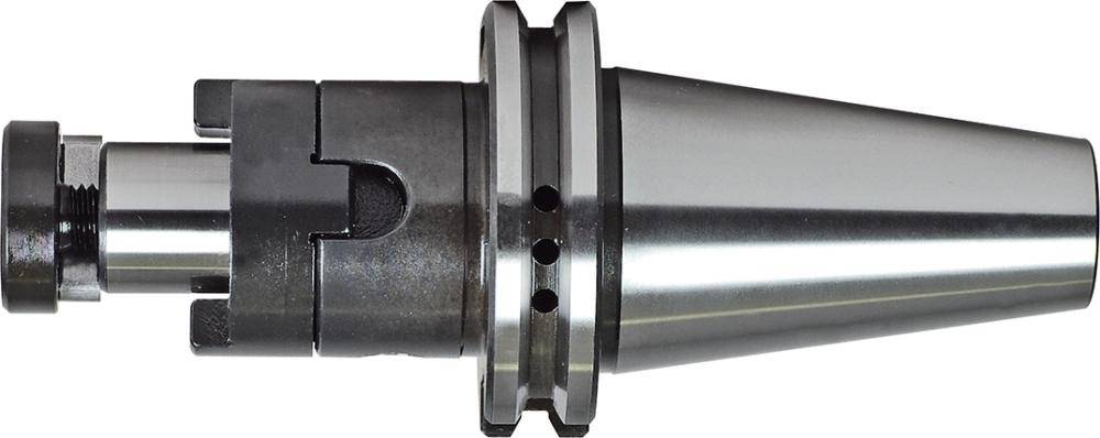 Nahaufnahme eines Metallwerkzeughalters oder Konus-Adapters mit konischem silbernem Körper und schwarzem Befestigungsende auf weißem Hintergrund.