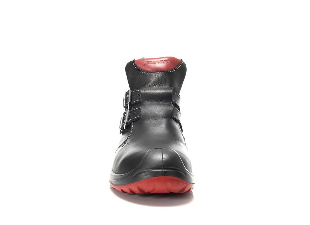 Ein schwarzer Lederstiefel mit zwei Schnallenriemen und einer roten Sohle wird von vorne gezeigt.