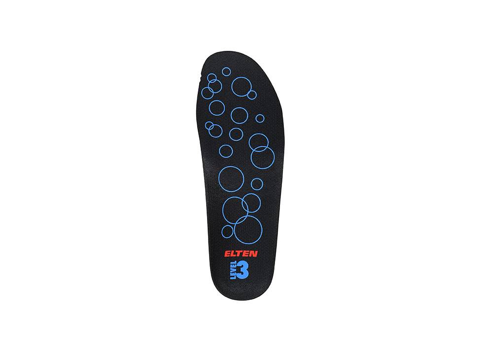 Einlegesohle mit blauen Kreismustern und dem Text 'ELTEN fit 3'.