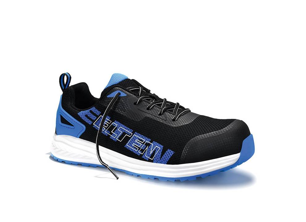 Ein schwarzer und blauer Sportschuh mit dem Schriftzug 'ELTEN' an der Seite, mit einer atmungsaktiven Mesh-Oberfläche, weißer Sohle und blauen Akzenten.