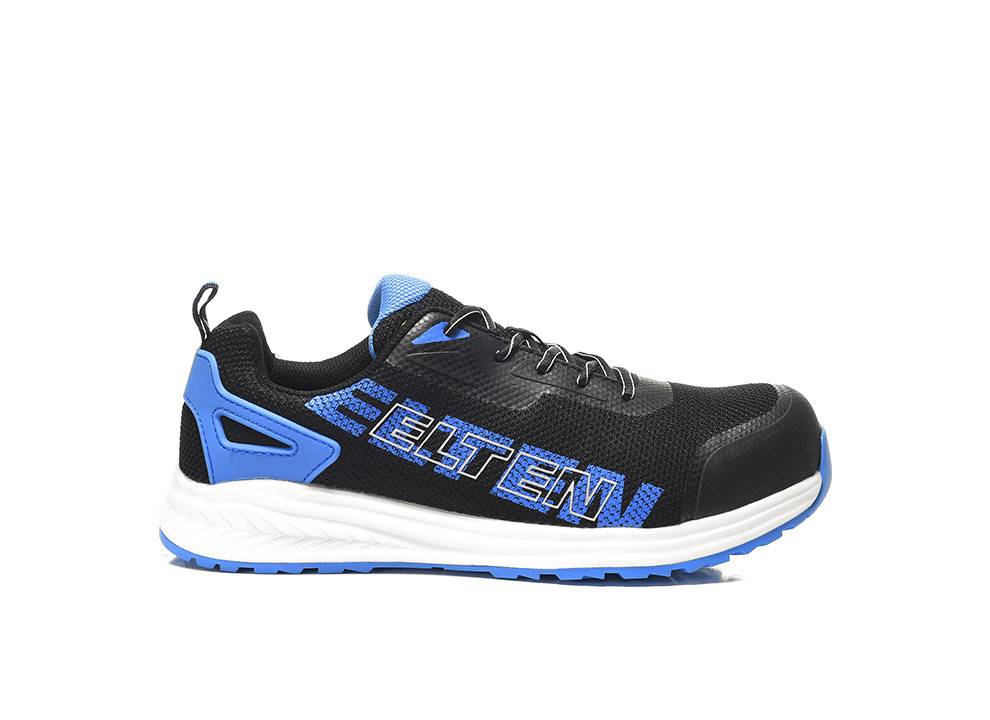 Ein schwarzer und blauer Sportschuh mit einer weißen Sohle und dem Wort 'ELTEN' an der Seite, der ein sportliches Design aufweist.